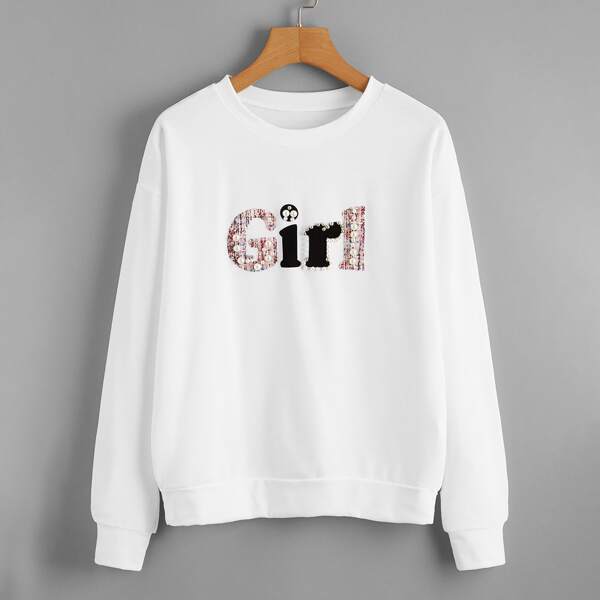 

Plus Pearls Detail Letter Graphic Sweatshirt, White