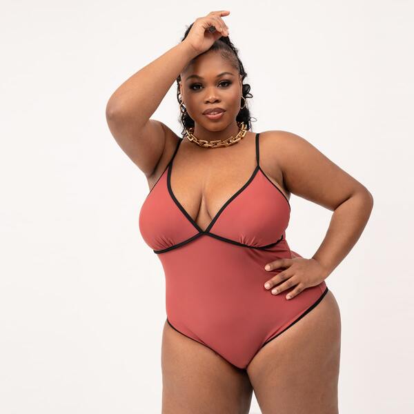 

Plus Contrast Binding One Piece Swimsuit, Rusty rose