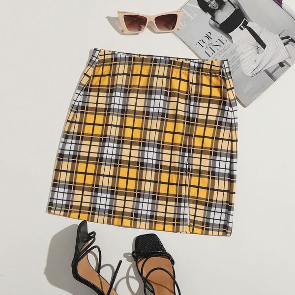 

Plus Plaid Slit Hem Skirt, Multicolor