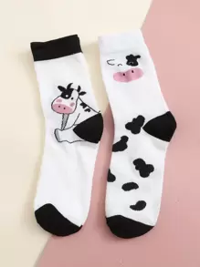 2pairs Cow Graphic Socks, Fall