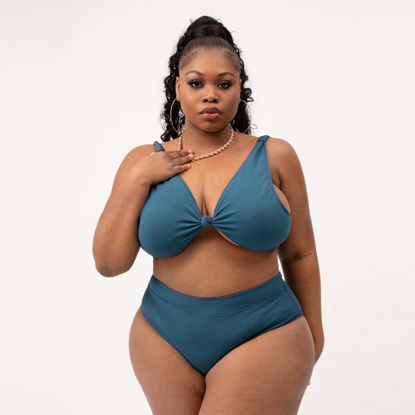 

Plus Knot Detail High Waisted Bikini Swimsuit, Blue