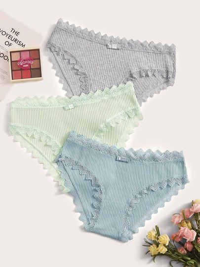 طقم سروال مضلع ومقلم بدانتيل 3 قطع