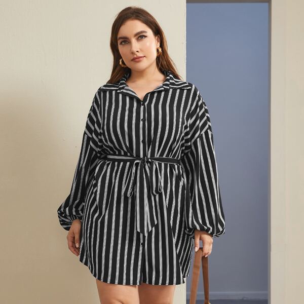 

Plus Bishop Sleeve Stripe Belted Shirt Dress, Black and white