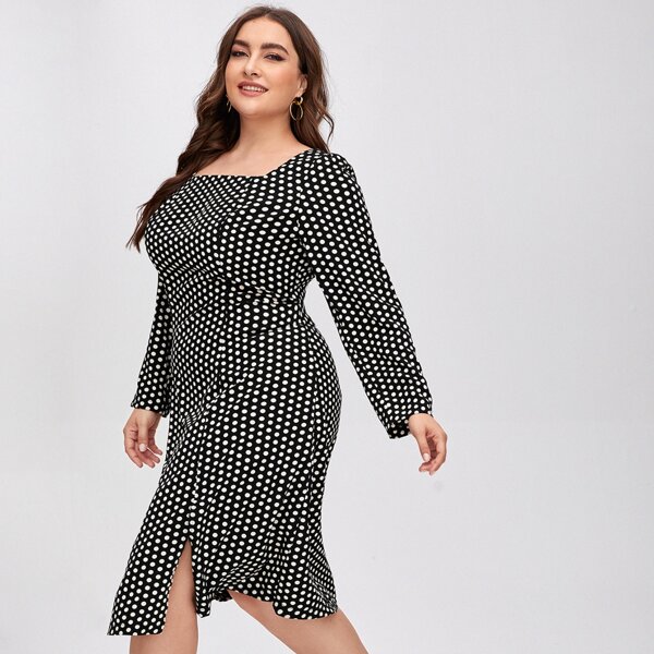 

Plus Polka Dot Square Neck Split Hem Dress, Black