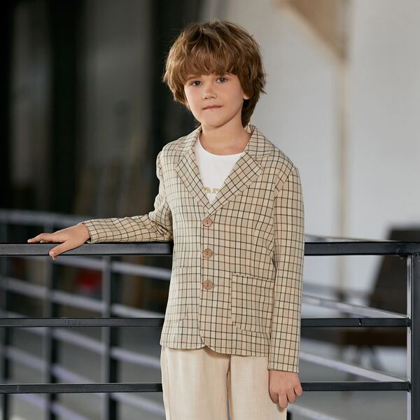 

Boys Notch Collar Button Up Gird Blazer, Khaki
