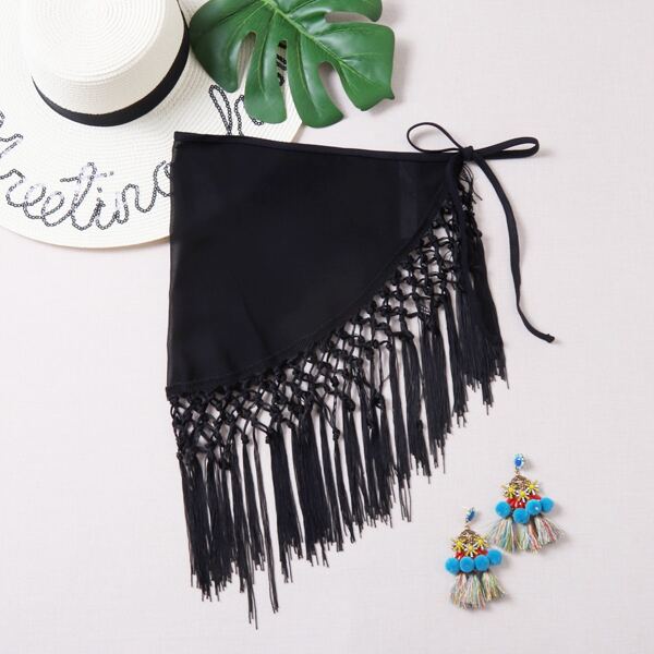 

Fringe Hem Sheer Mesh Cover Up, Black