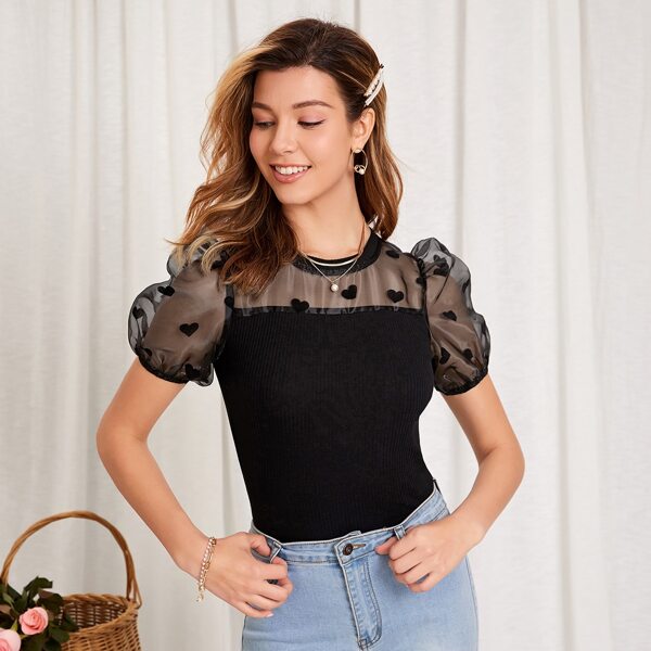 

Polka Dot Sheer Organza Sleeve Rib-knit Yoke Tee, Black