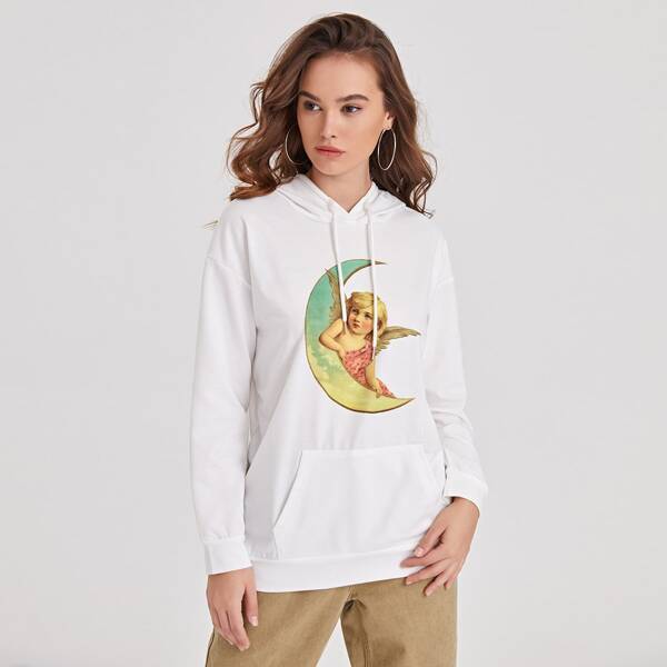 

Angel Print Drop Shoulder Drawstring Hoodie, White
