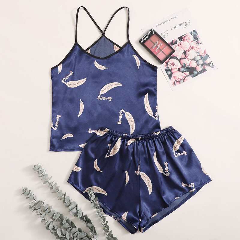 

Feather Print Satin Cami Night Set, Navy blue