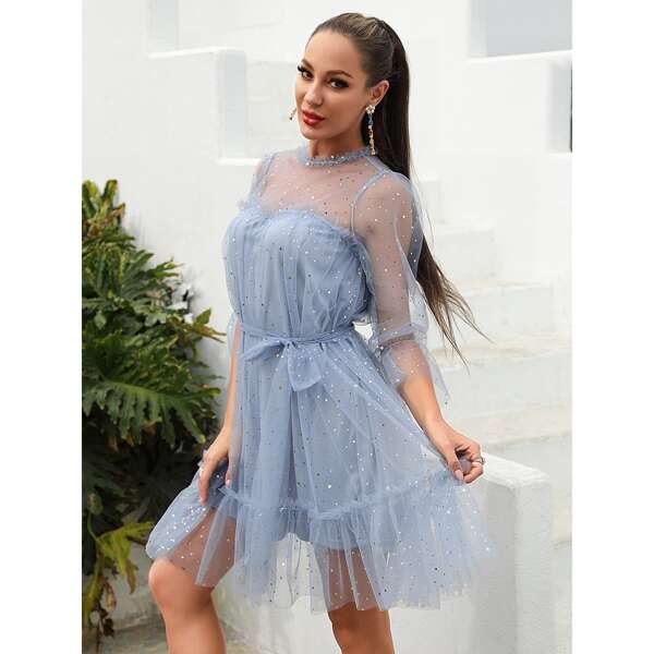 

Ruffle Hem Belted Sequin Mesh Dress, Dusty blue