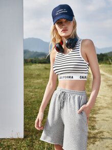 Muchica Letter Tape Hem Striped Tank Top - Black and White - View 3