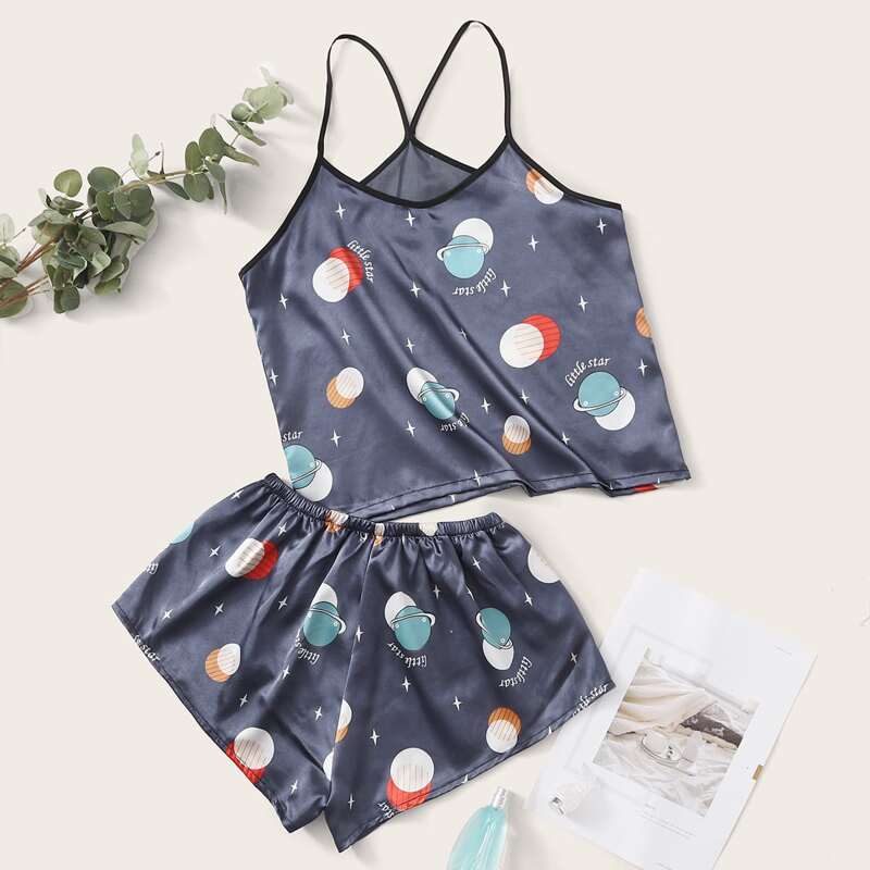 

Planet Print Satin Cami Night Set, Dusty blue