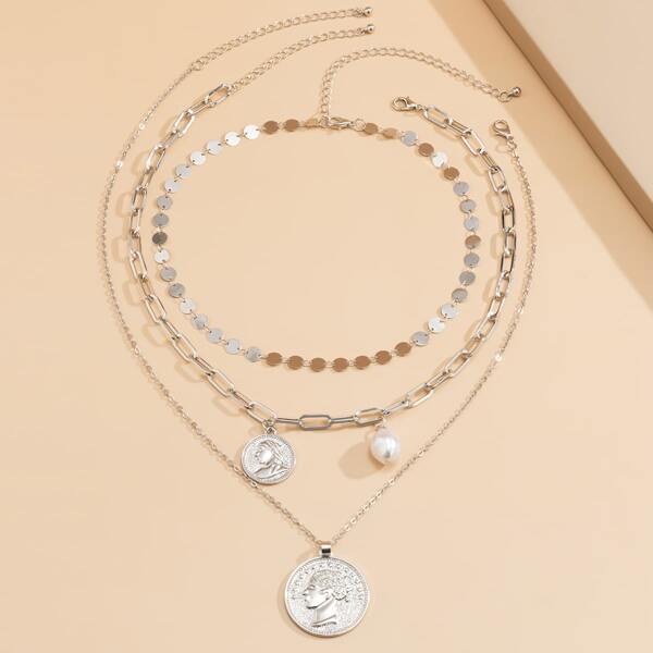 

3pcs Faux Pearl Decor Necklace, Silver