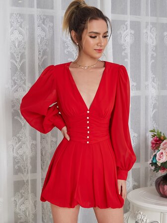 D&M فستان مكشكش بأزرار وبأكمام فانوس