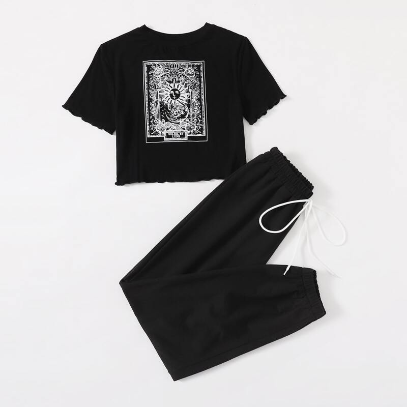 

Letter Sun & Moon Graphic Tee & Solid Sweatpants, Black