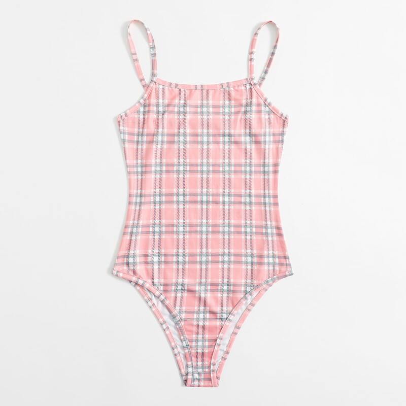 

Plaid Cami Bodysuit, Baby pink