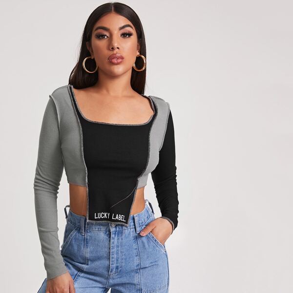 

Letter Embroidery Seam Front Asymmetrical Hem Tee, Multicolor