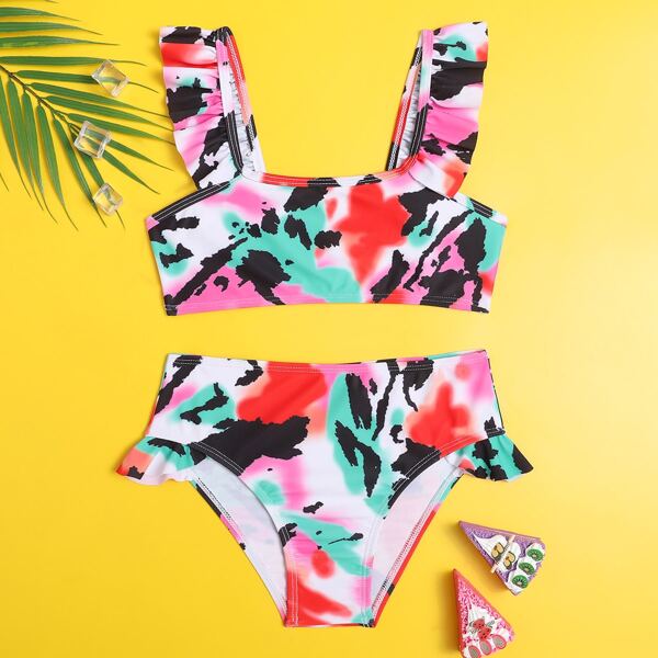 

Girls Tie Dye Ruffle Bikini Swimsuit, Multicolor