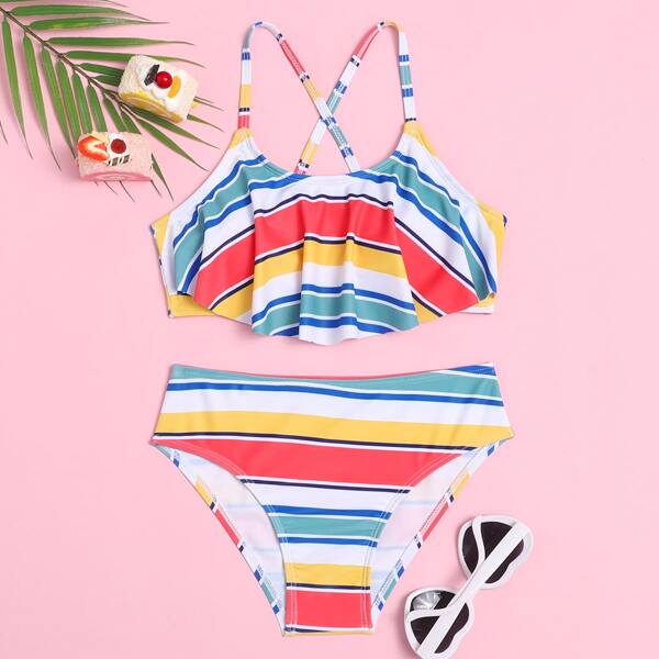 

Girls Striped Ruffle Bikini Swimsuit, Multicolor
