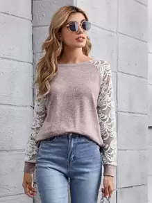 SHEIN LUNE Camiseta de color combinado de manga raglán con encaje transparente - Púrpura malva - Ver 1