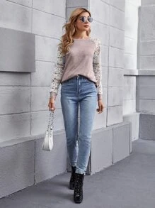 SHEIN LUNE Camiseta de color combinado de manga raglán con encaje transparente - Púrpura malva - Ver 3