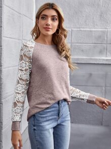 SHEIN LUNE Camiseta de color combinado de manga raglán con encaje transparente - Púrpura malva - Ver 5