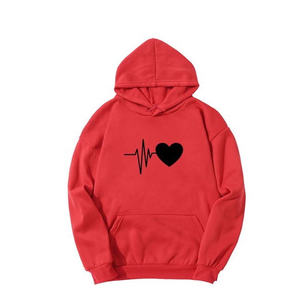 

Kangaroo Pocket Heart Print Hoodie, Red