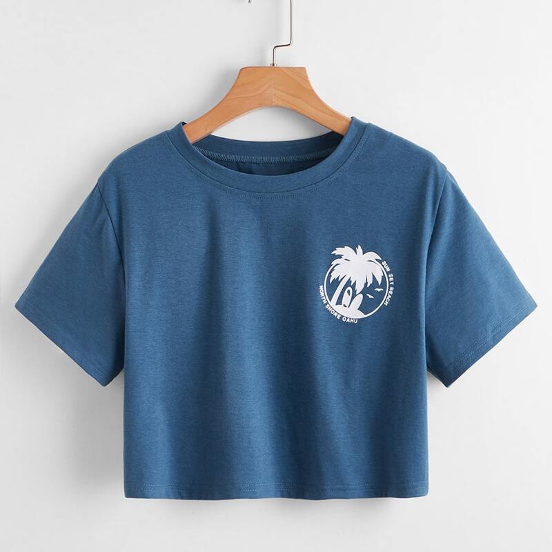 

Letter Tropical Graphic Crop Tee, Blue