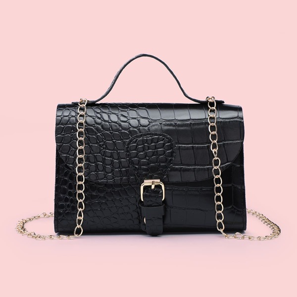 

Croc Embossed Buckle Decor Satchel Bag, Black