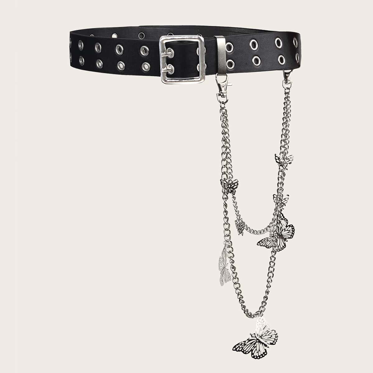 

Grommet Belt With Butterfly Wallet Chain, Black