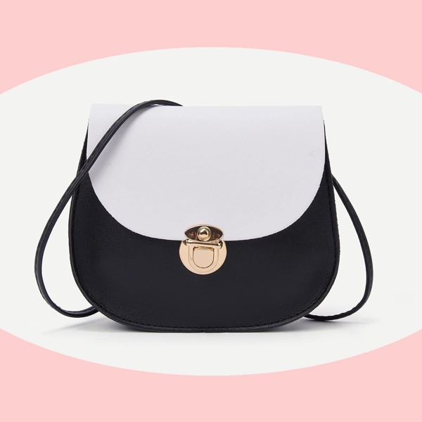 

Color Block Push Lock Crossbody Bag, Black and white