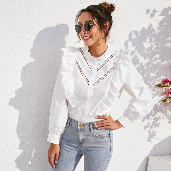 

Frill Neck Ruffle Trim Button Up Blouse, White
