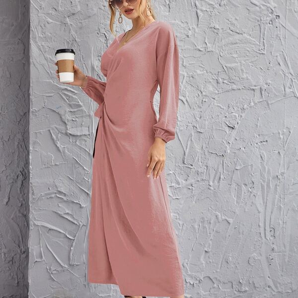 

Drop Shoulder Wrap Tie Side Dress, Dusty pink