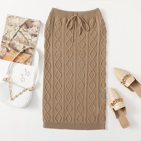 

Drawstring Waist Knit Skirt, Khaki