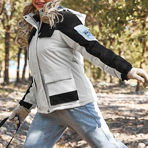 

Color-block Patched Flap Pocket Fleece Lined Waterproof Hooded Jacket, Beige