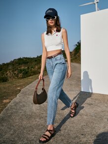 SHEIN Embroidered Detail Striped Collar Crop Top - White - View 4