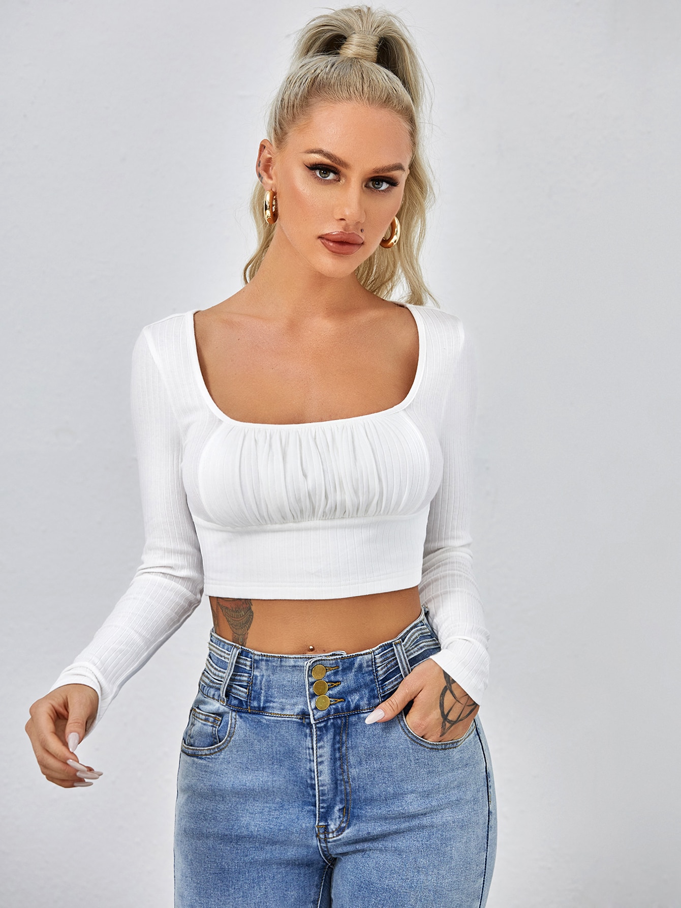Square Neck Ruched Bust Rib-knit Crop Tee thumbnail