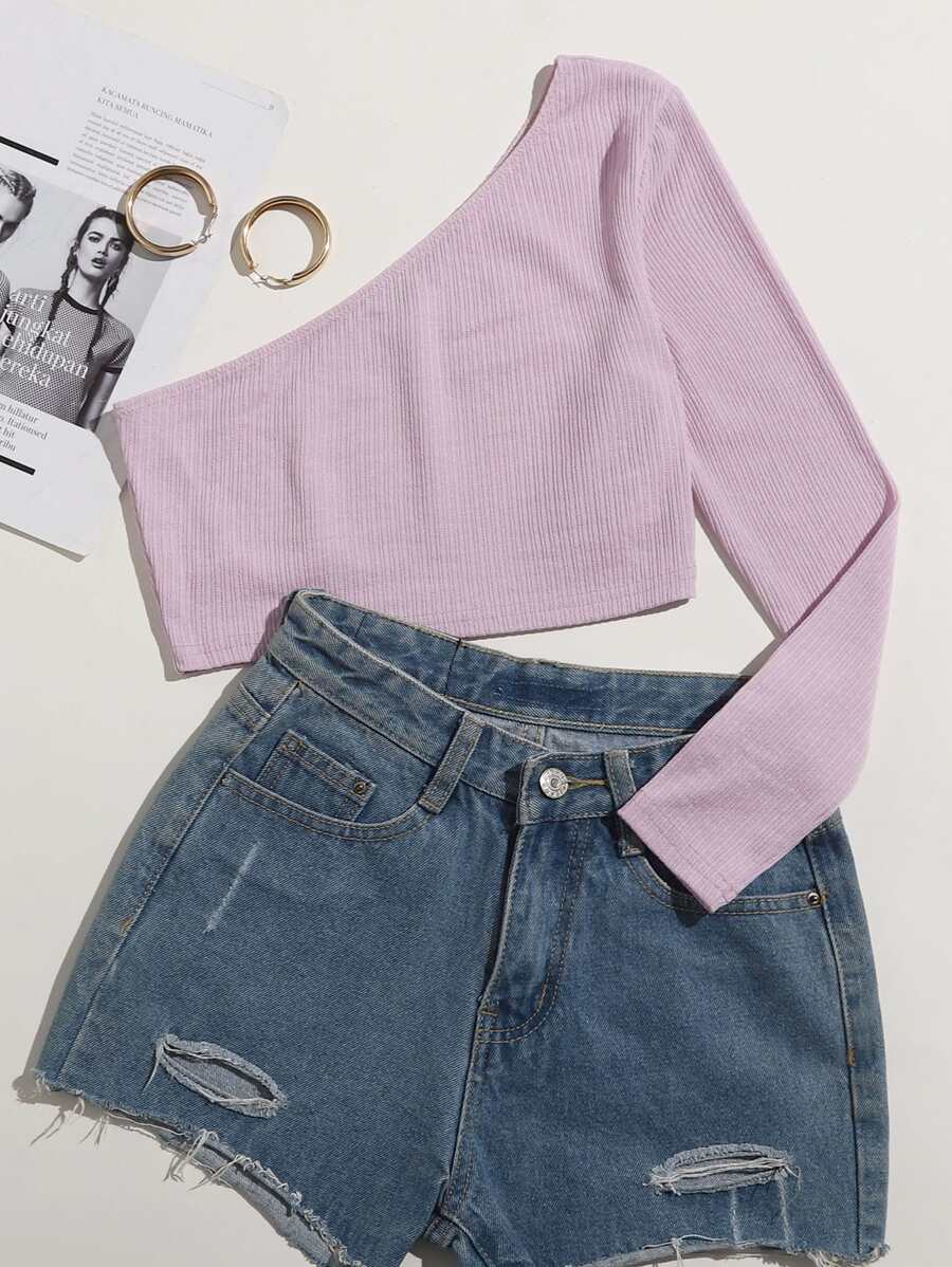 SHEIN Essnce Camiseta corta tejida de canalé con un hombro