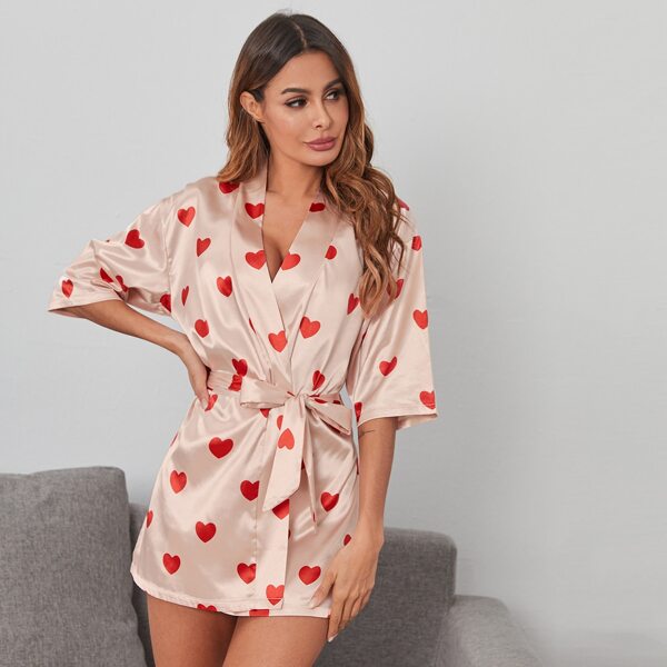 

Allover Heart Print Self Tie Satin Night Robe, Baby pink