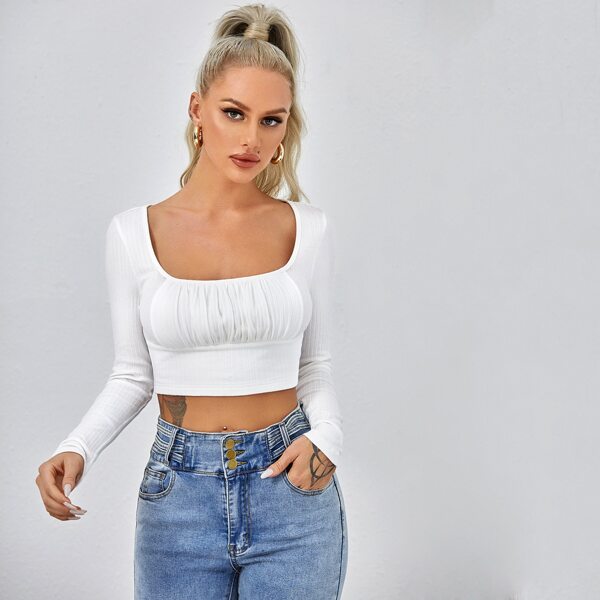 

Square Neck Ruched Bust Rib-knit Crop Tee, White
