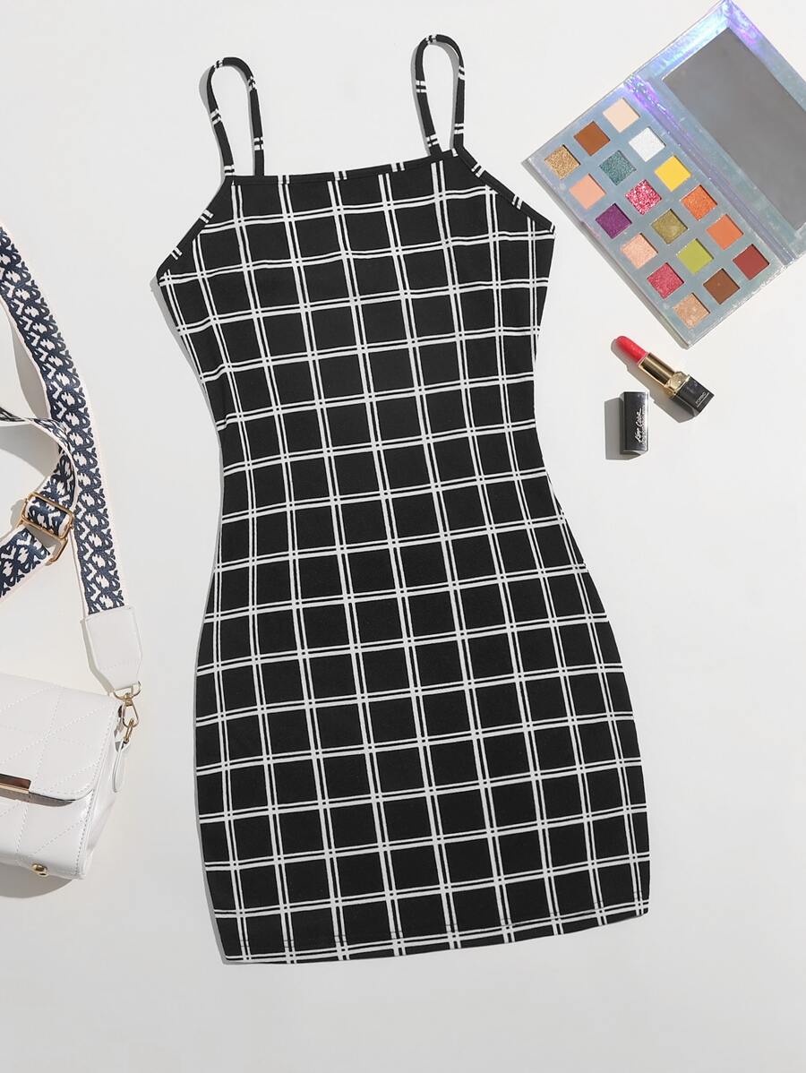 SHEIN Essnce Grid Bodycon Dress - Black - View 1