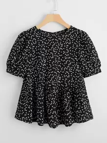SHEIN VCAY Heart Print Puff Sleeve Peplum Top - Black - View 1