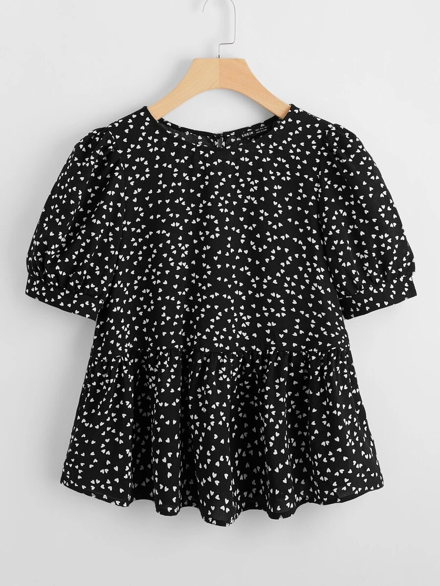 SHEIN VCAY Heart Print Puff Sleeve Peplum Top - Black - View 1