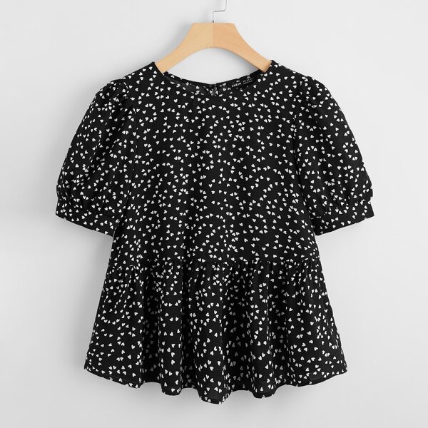 

Heart Print Puff Sleeve Peplum Top, Black
