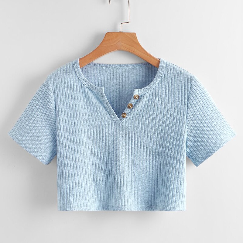 

Solid Ribbed Button Crop Tee, Baby blue