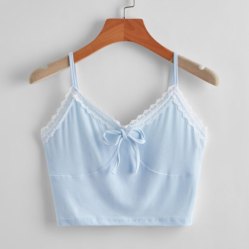 

Contrast Lace Tie Front Crop Cami, Baby blue