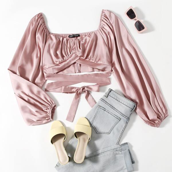 

Solid Lace Up Waist Top, Dusty pink