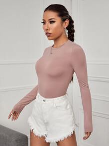 SHEIN Essnce Solid Form Fitted Bodysuit - Dusty Pink - View 3