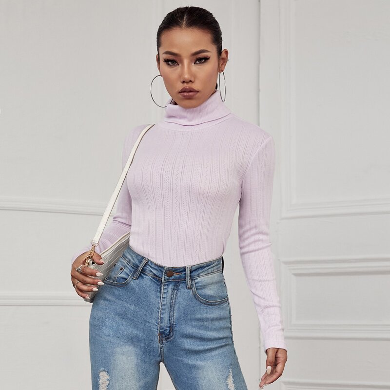 

Turtle Neck Rib-knit Top, Lilac purple