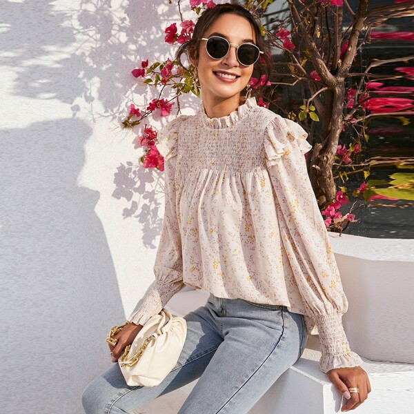 

Plants Print Shirred Ruffle Neck Blouse, Apricot